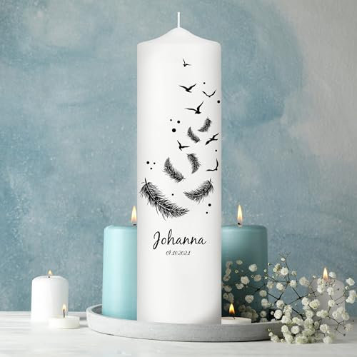 Wandtattoo Loft Trauerkerze personalisiert mit Namen und Datum, Motiv mit Federn und Vögeln, 25cm x 7cm, personalisierte Trauerkerze, Kondolenzkerze, Beileidskerze, Trauerlicht, Grabkerze