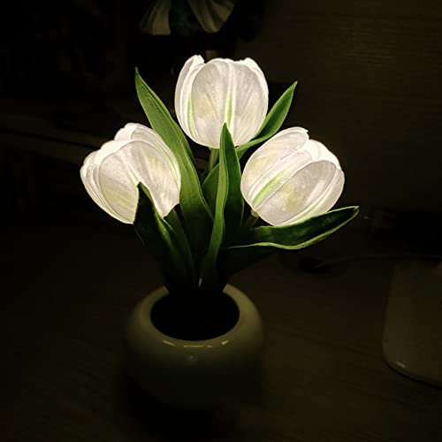 Tulpen-Nachtlicht mit Keramikvase, Tulpen-LED-Tischlichter mit Batterie, Tischlampe, Ornamente für Zuhause, Wohnzimmer, Hochzeit, Geschenkidee (weiß)