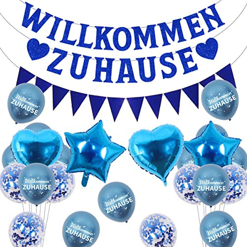 Sursurprise Willkommen Zuhause Dekorationen Blau, Willkommen Zuhause Glitter Banner, Stern und Herz Folienballons für Baby Shower, Homecoming, Deployment Return, Family Gathering Party Supplies Decor