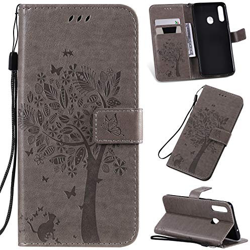 Fatcatparadise Kompatibel mit Samsung Galaxy A20S Hülle, Handyhülle Samsung A20S, Prägung Muster Schutzhülle Galaxy A20S PU Leder Wallet Case Klappbar Flip Hülle Brieftasche Ledertasche (Grau)