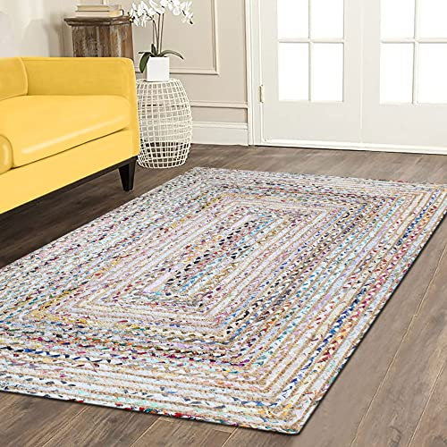 CASAVANI Handgeflochtener Jute-Teppich, indisch, handgefertigt, gewebter Teppich, Küche, Wohnzimmer, Bodenteppich, Outdoor, Jute und Chindi, Baumwolle, Teppich 120 x 120 cm (4 x 4 Fuß im Quadrat)