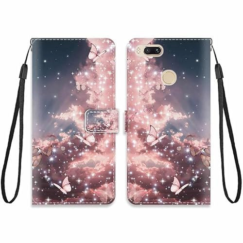 KARTXITAI Hülle Kompatibel mit Xiaomi Mi A1,Leder Handyhülle mit Kartenfach Geld Slot Ständer PU Ledertasche Wallet Flip Magnetische Muster Schutzhülle-Rosa Schmetterling Himmel,Wolken