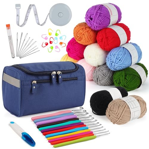 Aeelike Häkelnadel Set mit Häkelgarn in 12 Farben, Nützliches Starter Häkelset für Anfänger, Kinder, Erwachsene, 2,0-8,0 mm Ergonomische Weicher Griff Häkelnadeln Set, Marineblau Häkeltasche, Zubehör