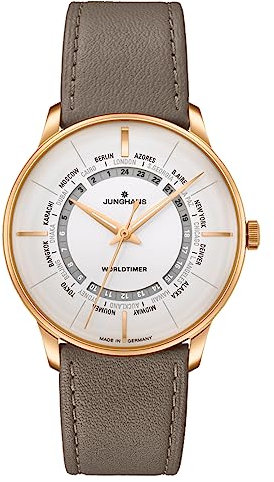 JUNGHANS Meister Worldtimer Automatikuhr, 40 mm, Saphir-Kristallglas, Taubengraues Armband