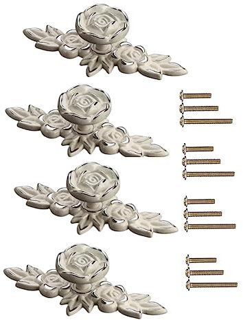 GDQLCNXB Euro Rose Schrankknäufe mit Rückplatte, 4 Stück, Vintage-Griffe, Shabby-Chic-Zinklegierung, elfenbeinfarben, weiß, Schubladengriffe für Kleiderschrank, Kommode, Schrank (Silberrand)