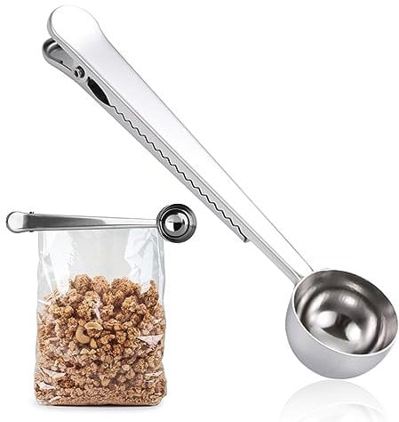 Silver Coffee Scoop, 2 in 1 Stainless Steel Holder Coffee Accessory Tools Measuring Scoop with Long Handle, Multi Function Washing Powder Protein Mini Scoop for Measuring and Sealing