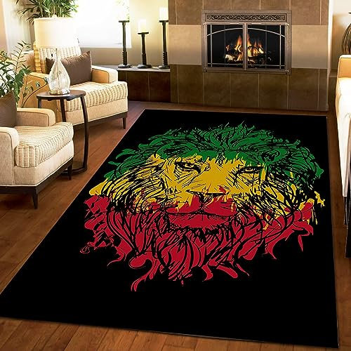 TEMLAN Vintage Löwen Grunge Löwenkopf Schwarz Teppiche Gegend, Reggae-Musikkunst Kurzflor Waschbar für Küche und Balkon Dekor Schlafzimmer Wohnzimmer Bodenteppich 60 x 90cm