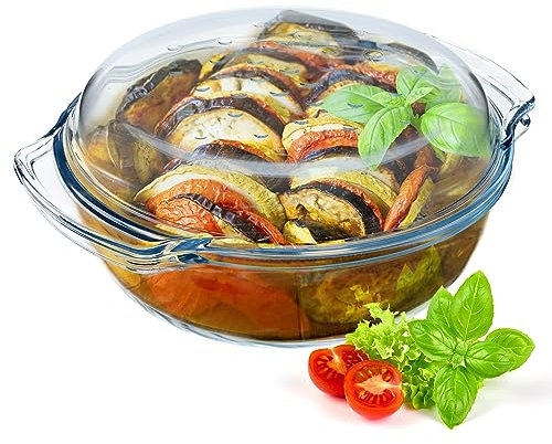 KADAX Cacerola de cristal con tapa de vidrio resistente al calor, recipiente ignífugo para lasaña, guiso de verduras, asador de vidrio para asar en el horno (redondo – 2,4 L)