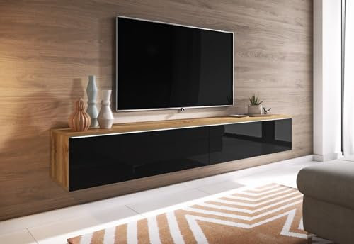 TV Schrank Donna, Breite 180 cm, TV Lowboard, Stehend oder Hängend, Fernsehschrank für das Wohnzimmer, Laminierte Spannplatte, Moderner Stil, Wotan Eiche / Schwarz Hochglanz - ohne LED Beleuchtung