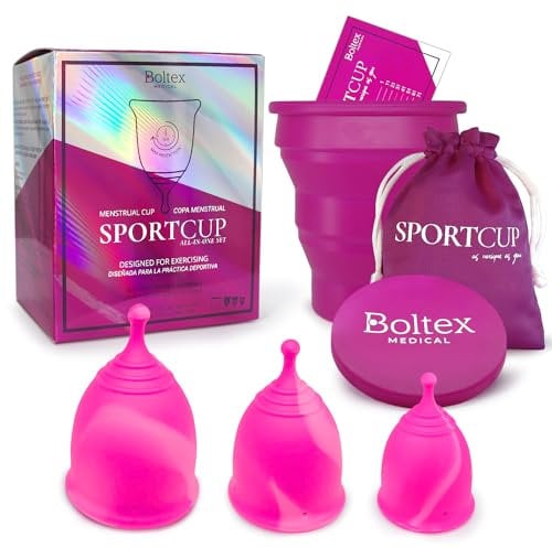 Menstrual Cup Sport Cup All-in-One Set by BOLTEX Medical. Designed for Active Women. Includes Steriliser, 3 Sport Period Cups: Sizes S, M, L and Storage Bag