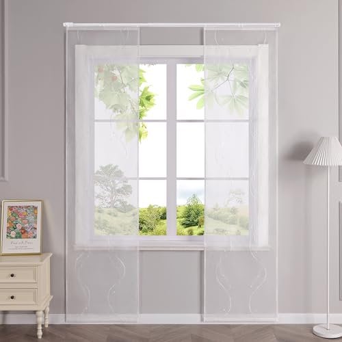 HeichkelL Schiebegardinen mit Klettband Transparent Schiebevorhänge Flächenvorhänge mit Wellen Stickerei 2er Set Gardinenschal Weiß BxH 57x145 cm