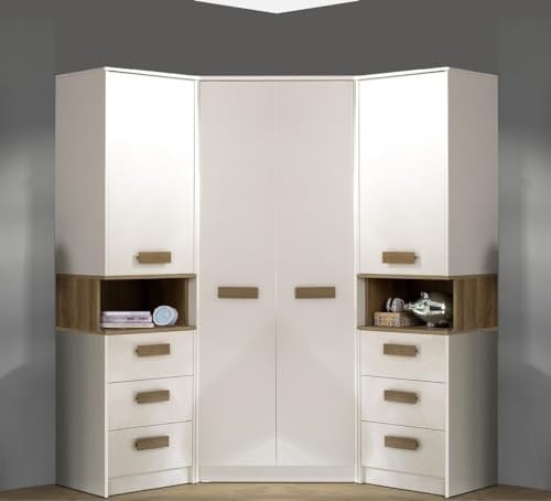Marmex Grant G17 - Eckschrank 143x195x143 cm, 2 x Bücherregal, Eckgarderobe mit Kleiderstangen und Einlegeböden Set Garderobe für das Schlafzimmer, Jugendzimmer - weiß + Riviera Eiche