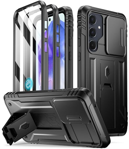 Poetic Revolution Hülle für Samsung Galaxy A55 5G, [Schiebe-Kameraabdeckung] Robuste, stoßfeste Handyhülle in Militärqualität mit Ständer, Schwarz