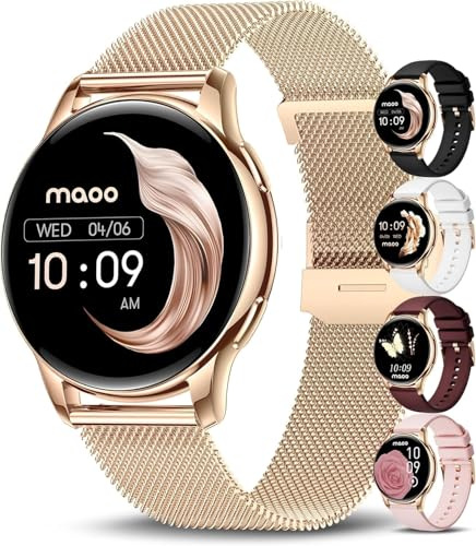 Maoo Ventura Smartwatch Donna con Chiamate, Display AMOLED 1,32”, Cardiofrequenzimetro, SpO₂, Pressione Sanguigna, 100+ Modalità Sportive, IP67, 5 Cinturini, Oro Rosa