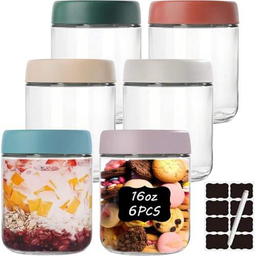 twoant Lot de 6 D'avoine de Nuit de 500ml Bocaux en Verre Hermétique avec Couvercles pour Collations Yaourt épices Sucre Préparation des Repas avec autocollants et marqueur