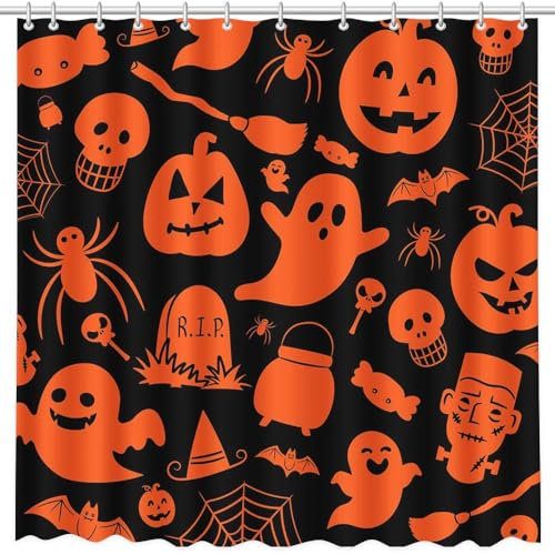 MEHOFOND Rideau de douche d'Halloween 183 x 183 cm - Citrouille - Décoration de baignoire - Accessoires de salle de bain - En polyester durable - Avec 12 crochets