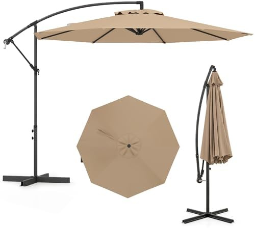COSTWAY 3M Cantilever Garden Parasol, 8 Ribs Outdoor Offset Banana Hanging Umbrella with Crank Handle, Cross Base and Tilted Design, Water-proof Canopy Sunshade Shelter (Coffee, 295 x 238 cm)