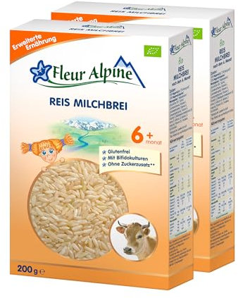 FLEUR ALPINE Bio Reis - Milchbrei Babybrei für köstliches Frühstück, Nahrhafter und einfach zuzubereitender glutenfreier Brei, Babynahrung nach dem 6+ Monate ohne Zuckerzusatz, 2x5 Portionen