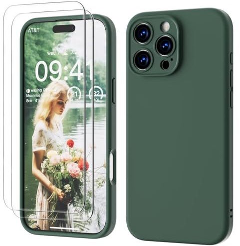 GOODVISH 3 IN 1 for iPhone 16 Pro Case 6.3 inch, Upgraded Camera Protection, 2X HD Screen Protector, Liquid Silicone Anti-Scratch Shockproof Gel Rubber Anti-Fingerprint Phone Case Cover, Pine Green