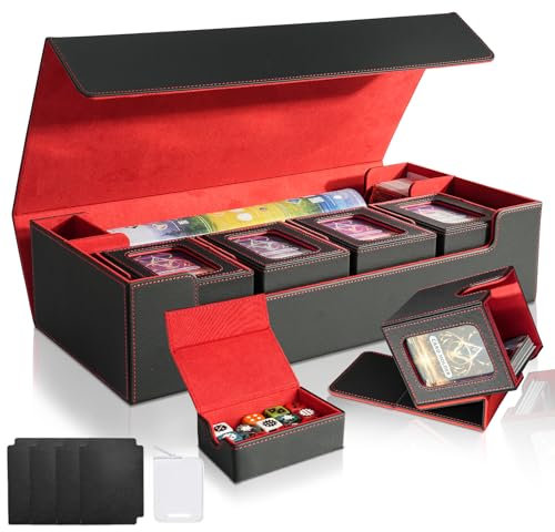 Jaffzora Card Deck Box Compatible with Yugioh MTG Commander, 6 in 1 Card Storage Box with Dice Tray Include 5PCS PU Leather Card Case Fits for TCG CCG Magic Trading Cards (Black&Red Set)