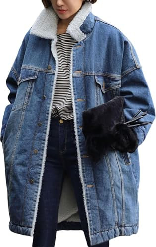 Veste Longue en Jean doublée de Peluche pour Femme Coupe-Vent en Jean rembourré Manteau en Jean mi-Long épais à Boutons épissés (Bleu,M)