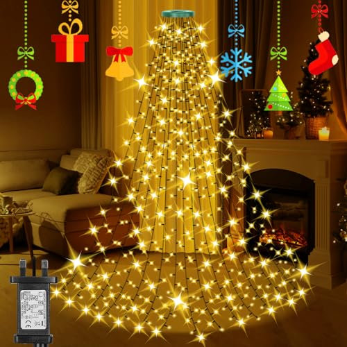 Laybasic Christmas Tree Lights with Ring, 3m x 16 Strands 480 LEDs Xmas Tree Waterfall Lights, with Timer 8 Modes Memory, for 9-12ft Christmas Tree, IP44 Waterproof for Indoor Outdoor