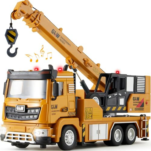 Tacobear Baustellen Fahrzeuge Spielzeug Set, 1:40 Metall Baufahrzeuge LKW Auto Spielzeug Kinder Baustellenfahrzeuge mit Sound und Licht Lastwagen Spielzeug Geschenk Jungen 3 4 5 6 Jahre (Kranwagen)