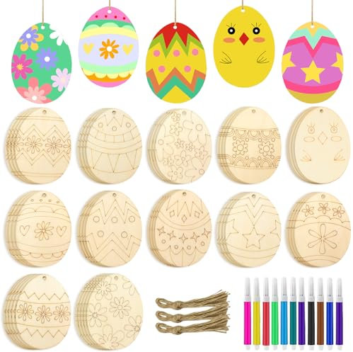 IWTBNOA Ostern Basteln Kinder, 112 Stück Ostern Anhänger Holz mit Loch, Ostereier zum Bemalen, Ostern Eier Holzscheiben, Unvollendete Bastelset für Kinder Osterdeko