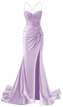 JIIL Meerjungfrau Abendkleid Damen Lang - Satin Spaghetti-Träger Brautjungfernkleider Spitze Ballkleid mit Schlitz Flieder 36