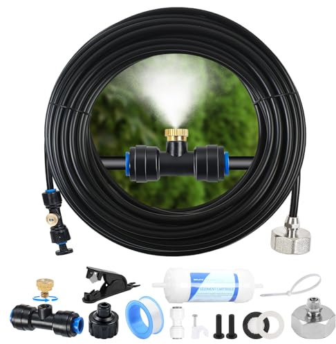 Gemsaya Sprühnebel Kühlung Bewässerungs System, 10M Wasserzerstäuber mit Schlauch und 18 Metalldüsen, Luftbefeuchter für die Kühlung von Terrassen, Garten, Rasen, Gewächshaus Pavillon