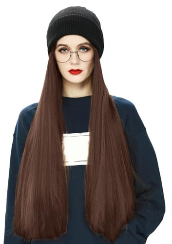 Mütze, Perücke, gestrickt, mit Langer, gerader Perücke, abnehmbare warme Mütze für den Winter, verdickte kalte Mütze Babymütze Junge Winter (Brown, One Size)