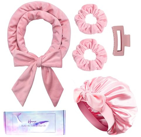 Hroevc Locken-Stirnband mit doppellagiger Haube ohne Hitze über Nacht – weiche Lockenwickler zum Schlafen, hitzelose Lockenstäbe-Set + Seidenhaube für Frauen und Mädchen, langes Haar, hitzefreie