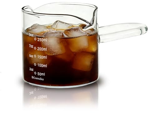 BCnmviku 250ml Espresso Gläser,Espressotassen mit Holzgriff,Dual V-Förmigem Messbecher Glas for Kaffee,Milch,Saft,Flüssigkeit (U Handle)