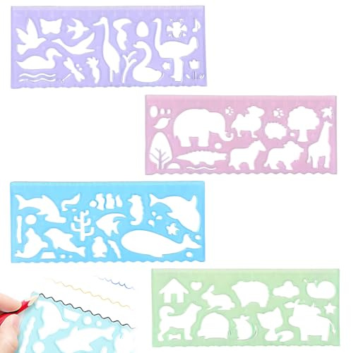 JUGUTA 4 Stück Tiere Schablonen Kinder,Transparente Tiere Lineal 15Cm Kunststoff Schablonen Kinder Tierform Zeichenschablonen Zeichenlineal Mit Graduierungen Für Jungen Mädchen Malen Werkzeuge