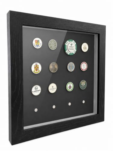 STRIKERS GOLF Ball Marker Display Frame with Magnets, Holds 16 Ball Markers, Wall Mounted, Dust Free Protection, Golf Gift for Him, Her, Groomsman, Father, Grandfather