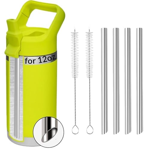 FrostyFlair Strohhalme Edelstahl, 4 Stück 118x8mm Ersatzstrohhalme für Yeti Rambler Jr Trinkflasche, Wiederverwendbare Edelstahlstrohhalme mit 2 Reinigungsbürsten