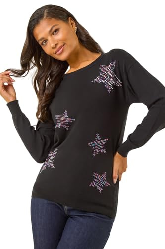 Roman Originals Women Sparkly Embellished Jumper Ladies Diamante Sequin Hotfix Winter Sweater NYE New Year's Eve Christmas Party Going Out Shiny Smart Work Pullover - Noir - Size 14