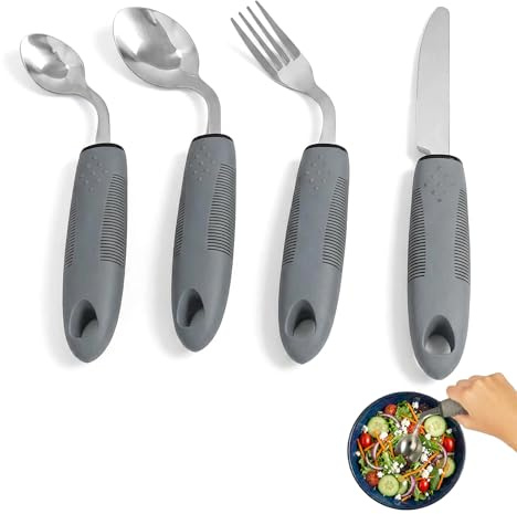 Dengthrive Cutlery for Arthritic Hands: 4PCS Stainless Steel Easy Grip Cutlery Adult (Right Hand) for Disabled Hands, Adults, Elderly with Parkinson's（Gray）