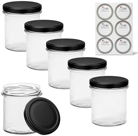 GASSERO Sturzgläser 350 ml TO82 – 24er Set Einmachgläser mit schwarzmatten Schraubdeckeln & Etiketten „mit liebe selbstgemacht“ – Vorratsgläser für Gulasch, Suppe, Desserts & Meal Prep