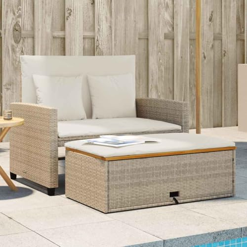 KKHOMEI Balkonmöbel Kleiner Balkon mit Schlaffunktion, Gartensofa 2 Sitzer mit Hocker, Balkon Lounge Klein, Rattan Sofa, Gartensofa mit Hocker mit Stauraum, Balkon Couch, Beige und Cremeweiß