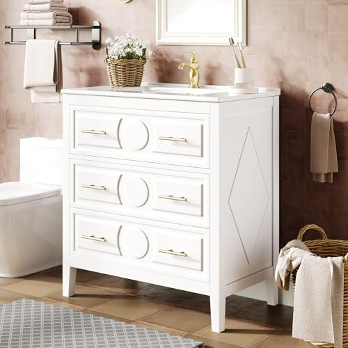 BENMWS Mueble bajo el cuarto de baño, 81 x 46,5 x 86,5 cm, color blanco, con lavabo de cerámica, 3 cajones, armario para lavabo retro con función de cierre suave, juego de muebles de baño