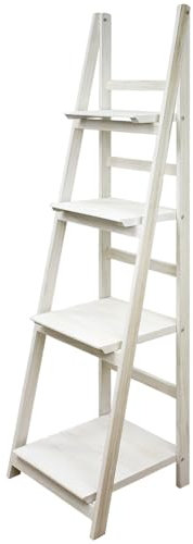 Kingpower Regal Leiterregal Holz Wandregal Bücherregal für Küche Wohnzimmer Badezimmer Bilderrahmen Modern 4 x Ablagen für Deko Bilderrahmen Pflanzen in Weiß