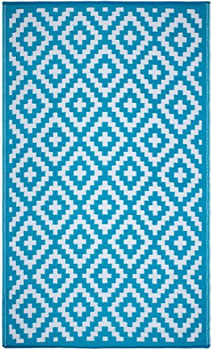 FH Home Paillasson réversible en Plastique recyclé Résistant aux intempéries et aux UV - Motif aztèque - pour l’intérieur et l’extérieur, Polypropylène, Teal and White, 4 ft x 6 ft