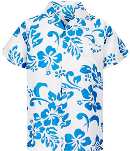 V.H.O. Funky Chemise-Hawaienne, Manche-Courte, Hibiscus, Turquoise-Blanc, 5XL