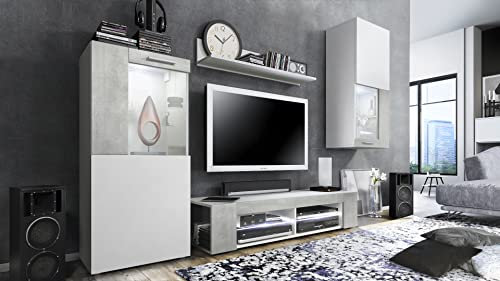 Vladon Wohnwand Movie, Anbauwand bestehend aus 1 TV-Board, 2 Vitrinen und 1 Regal, Weiß matt/Weiß matt/Beton Oxid-Optik, inkl. LED Beleuchtung weiß (Gesamt: 300 x 190 x 39 cm)