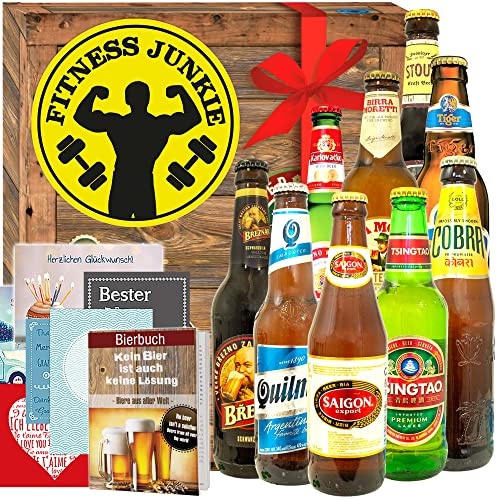 Fitness Junkie - Biersorten aus aller Welt - Fitness Geschenke für Männer: Das perfekte Geburtstagsgeschenk – 9er Premium Bier Tasting + Bierbuch + Bewertungsbogen + 6x Geschenkkarten