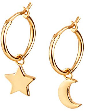 Brandlinger ® Ohrringe Silber 925 hängend. Creolen mit Anhänger Mond und Stern. Schmuck Damen vergoldet mit 18 Karat (Silber und Gold) für Frauen und Mädchen. Durchmesser der Creolen 12mm.