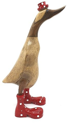 Lustige Ente 33 cm mit roten Stiefeln Holz Deko Laufente