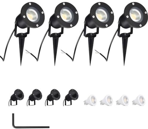 CPROSP 4er 5W LED GU10 Gartensrtahler LED Strahler mit Erdspieß AC85-265V mit 40CM Stromkabel Wasserdicht Lampe Außen Warmweiß 3000K Rund für Garten Terrasse Treppen Garage, inkl. LED Glühbirne