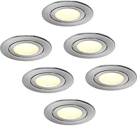 HCFEI 6er Set LED Einbaustrahler Chrom gebürstet - rund flach 5 Watt dimmbar Warmweiss 3000K 230V IP44 – geeignet für Bad, Küche, Sauna, Außenbereich – Ø65-75 mm Bohrloch, 120°Abstrahlwinkel